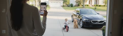 Customer ordering service from phone in driveway